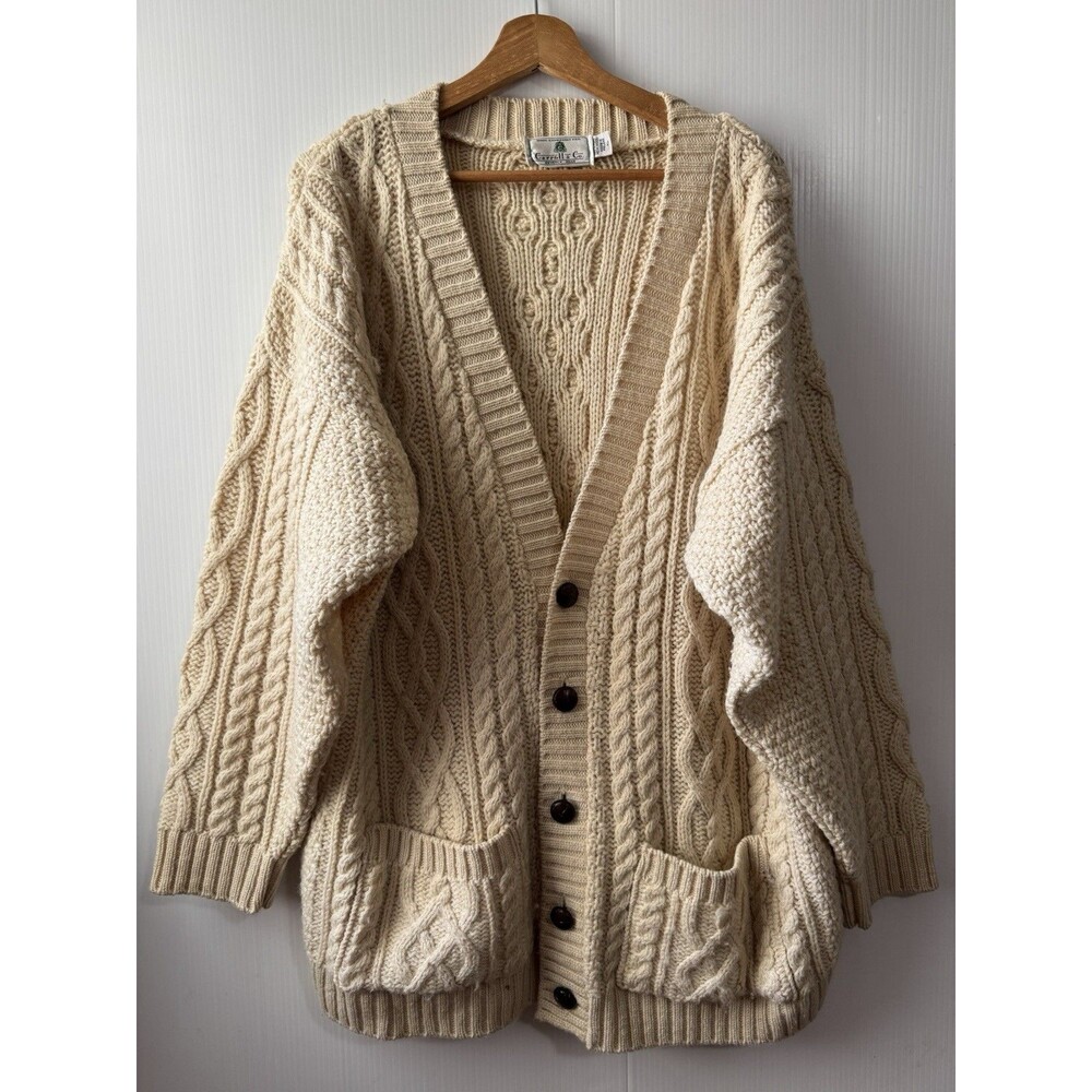 VTG Carroll and Co. Beverly Hills Wool Knit Fisherman Cardigan Ivory Sweater XL
